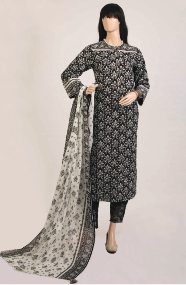 U01-23104-01A Monochrome Collection Unstitched Printed Lawn 3-piece Suit by Saya