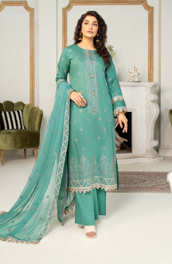 D#08 Unstitched 3 piece Suit Embroidered Luxury Lawn Collection by Feroza