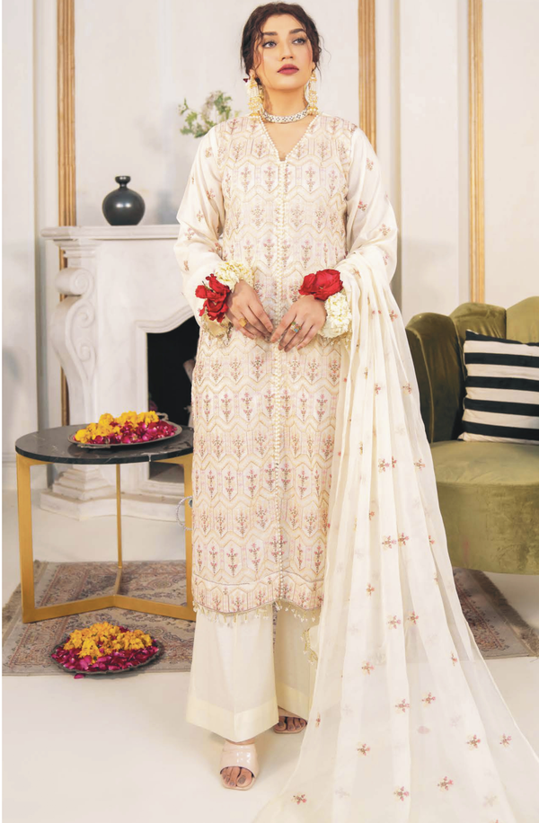 D#07 Unstitched 3 piece Suit Embroidered Luxury Lawn Collection by Feroza