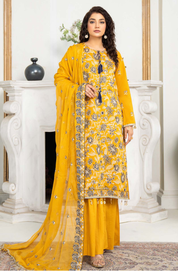 D#03 Unstitched 3 piece Suit Embroidered Luxury Lawn Collection by Feroza